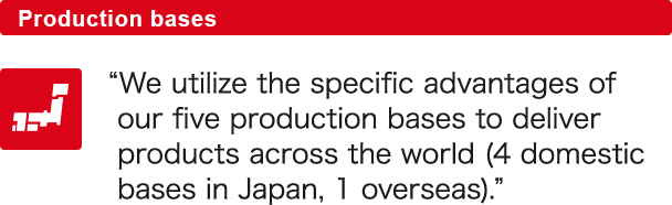 We utilize the specific advantages of our five production bases to deliver products across the world (4 domestic bases in Japan, 1 overseas)